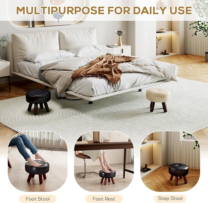 oakvivo 13in Small Foot Stool Ottoman, Round Faux Leather Foot Rest, Footstool Ottomans with Rubber Legs Under Desk, Footrest for Couch, Living Room, Bedroom, Office, 13''L x 13''W x 10.2''H, Black