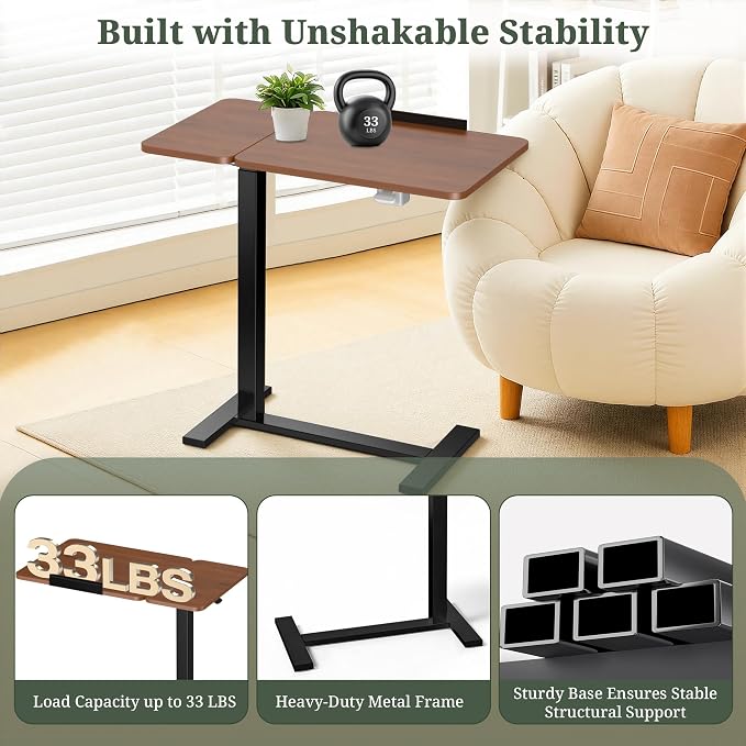 Mobile Standing Desk with Hidden Casters, Adjustable Height Desk, Portable Laptop Computer Table with Tilting Top, for Sit Stand Workstation, Compact and Sturdy for Home, Office, Dorm,Brown