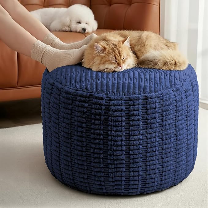 Round Pouf Ottoman Stuffed Corduroy Poufs Foot Rest with Foam Filling Fluffy Pouf Storage Ottoman Relax Stool for Living Room Couch 20 X 15 Inches, Blue