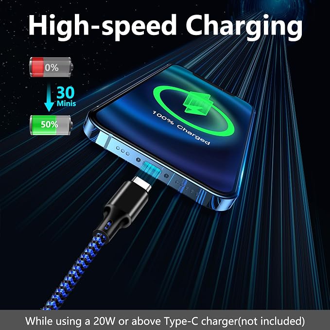 USB C to USB C Charger Cable, 5 Pack [3/3/6/6/10ft] Type C Fast Charging Cord High Data & Transfer Wire Compatible for iPhone 17/16/15 Plus/Pro Max iPad Ps5 Controller Samsung Galaxy(Black Blue)