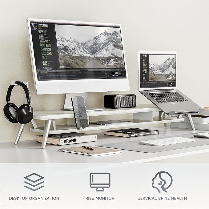 Fenge Dual Monitor Stand, Monitor Riser for 2 Monitors with Adjustable Laptop Riser , 42.5 Inch Desk Shelf for Top of Desk with Phone Holder& Headphone Stand