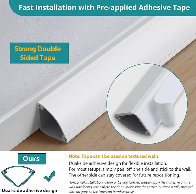 ZhiYo Corner Cable Concealer, Large Corner Cord Hider, Wire Covers for Cords, Paintable Cord Cover, Cable Management Channel Raceway for Wall, Floor Baseboard, Ceiling, White