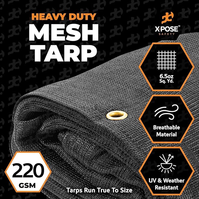 Heavy Duty Mesh Tarp 20' x 40' - Bulk Half Pallet (8 Pack) Multipurpose Black Protective Cover with Air Flow - Use for Shade, Fences, Canopies, Dump Trucks – Weatherproof & Durable by Xpose Safety