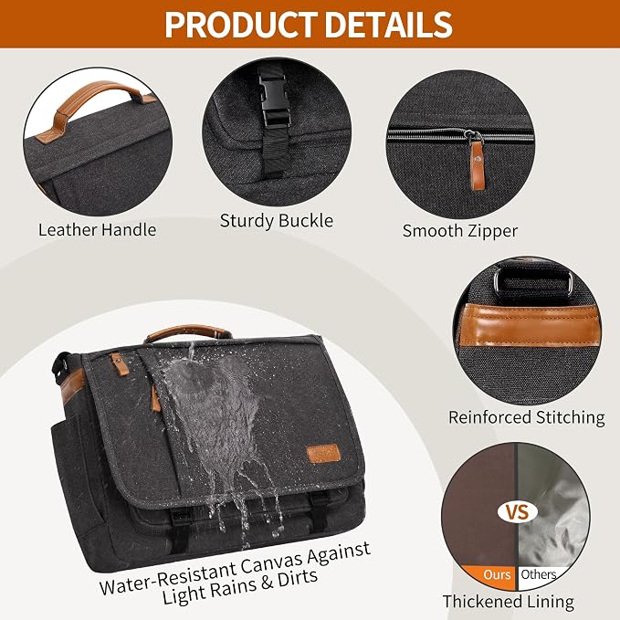 ESTARER Messenger Bag 17-17.3 Inch, Men's Computer Satchel Water-resistant Canvas, Teacher Laptop Briefcase for Work Office College, Dark Grey