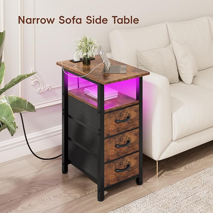 Vagusicc Set of 2 Nightstand with Charging Station and LED Lights, Narrow End Table, LED Nightstand with 3 Fabric Drawers for Bedroom, Narrow Side Table, Slim Sofa Side Table for Small Spaces, Brown