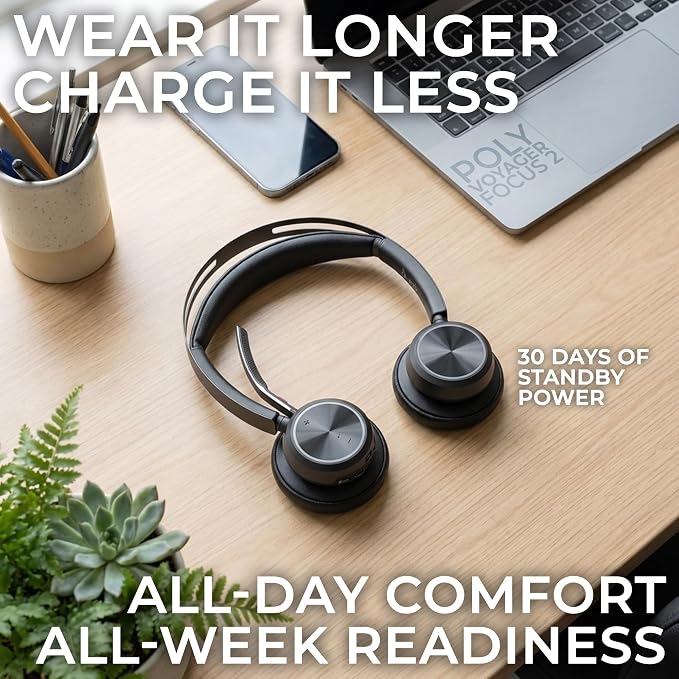 Poly Voyager Focus 2 Bluetooth Headset with Noise Blocking Mic - USB-C/A Dongle Adapters for PC using MS Teams, Zoom - Pairs to Both Cellphone and Laptop - Charging cable, and GTW Microfiber Cloth