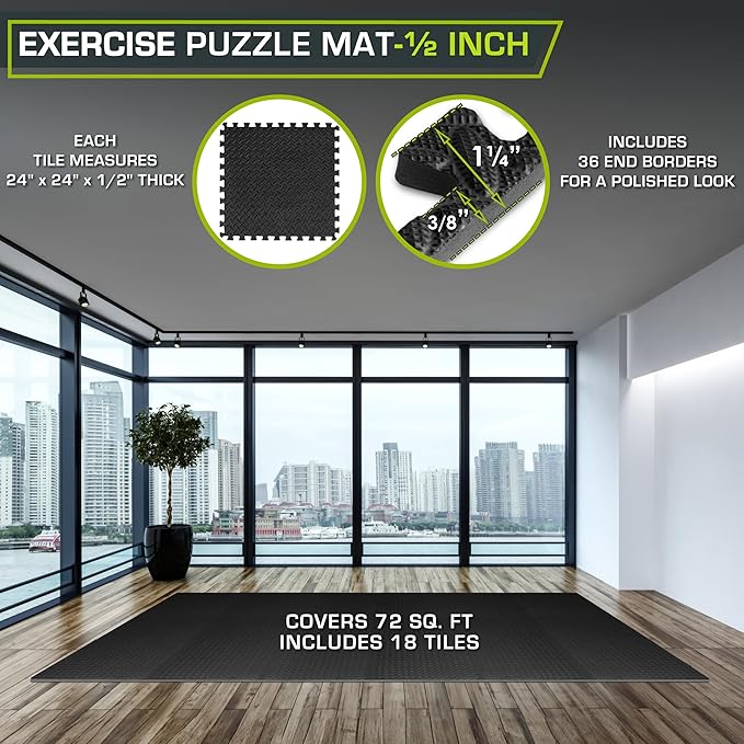 ProsourceFit Exercise Puzzle Mat ½-inch, EVA Interlocking Foam Floor Tiles for Home Gym, Workout Equipment, Kids Play Areas, Black, 72 SQ FT - 18 Tiles