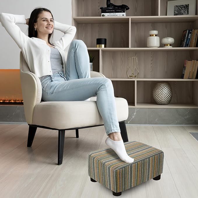 CAROLMADE Small Foot Stool Ottoman Footstool with Legs Under Desk Footrest for Living Room Bedroom and Office,Linen-Stripe Green