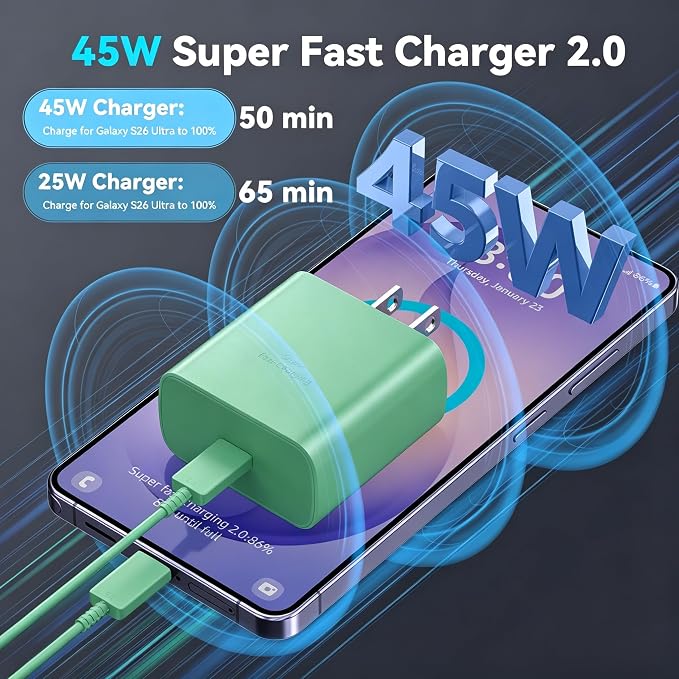 45W Super Fast Charger USB C Android Phone Type C Charger Fast Charging Block with 6.6FT Cord for Samsung Galaxy S26/S26 Ultra/S26+/S25 Ultra/S25/S24 Ultra/S24/S23 Ultra/S22/S21/S20/Note 10, Green