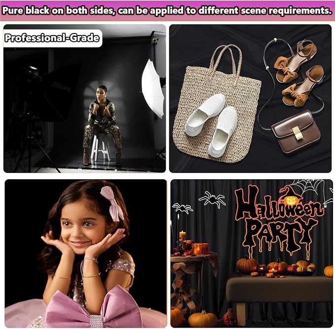 5x7.2ft Black Background for Photography, Premium Black Wall Backdrop Curtains Polyester Birthday Party Decoracion Back Drop Content Creator Background Screen for Studio Video Photo Booth Photoshoot
