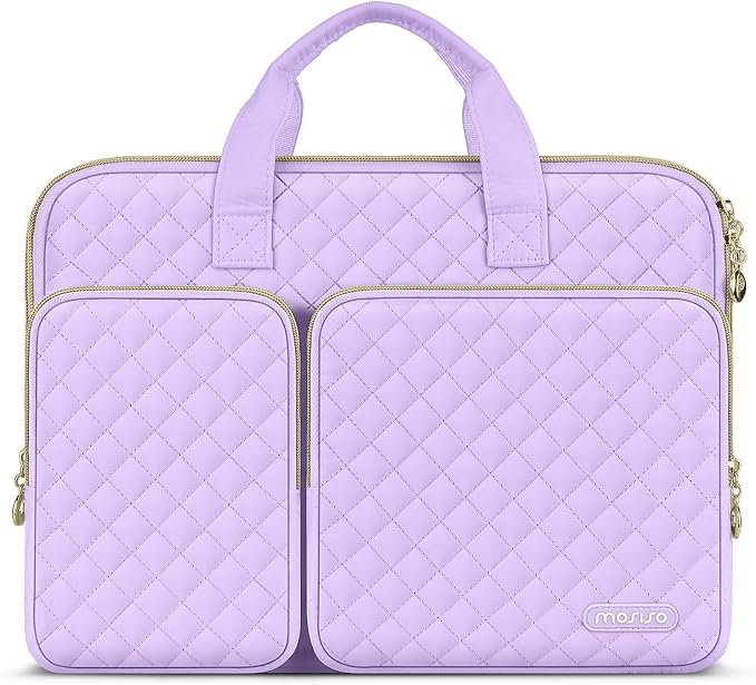 MOSISO 360 Protective Laptop Case 13.3 inch, 13-13.3 inch Laptop Sleeve Compatible with MacBook Air/Pro 13/Pro 14,HP Dell ASUS Lenovo, Square Quilted Bag Cover with 2 Pockets&Handle&Belt, Purple