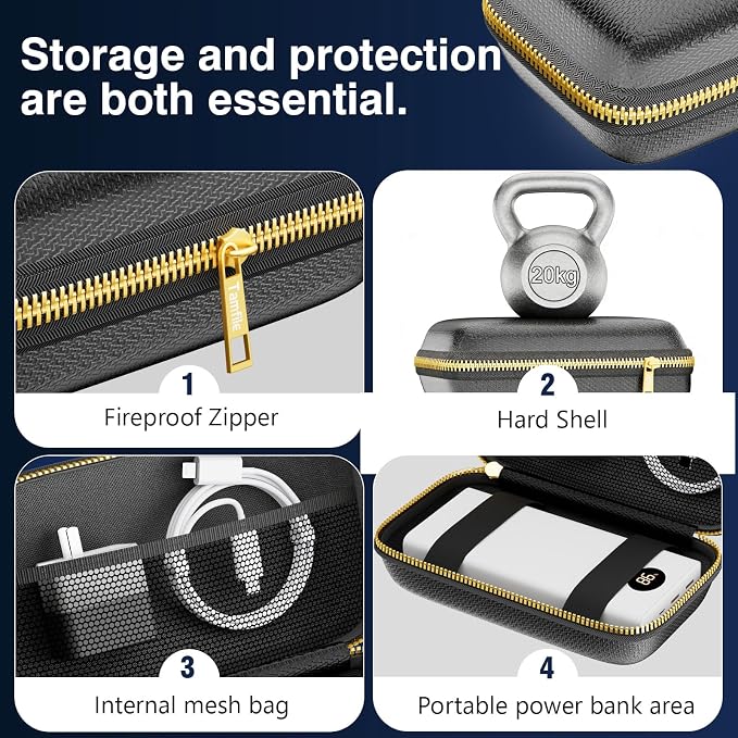 Electronics Travel Organizer with Fireproof Zipper, Hard Case Explosion-Proof Cables Carry Box Compatible with Hard Drive, Fireproof Portable Safe Storage for Power Bank, Phone, Charger, Cord, Black