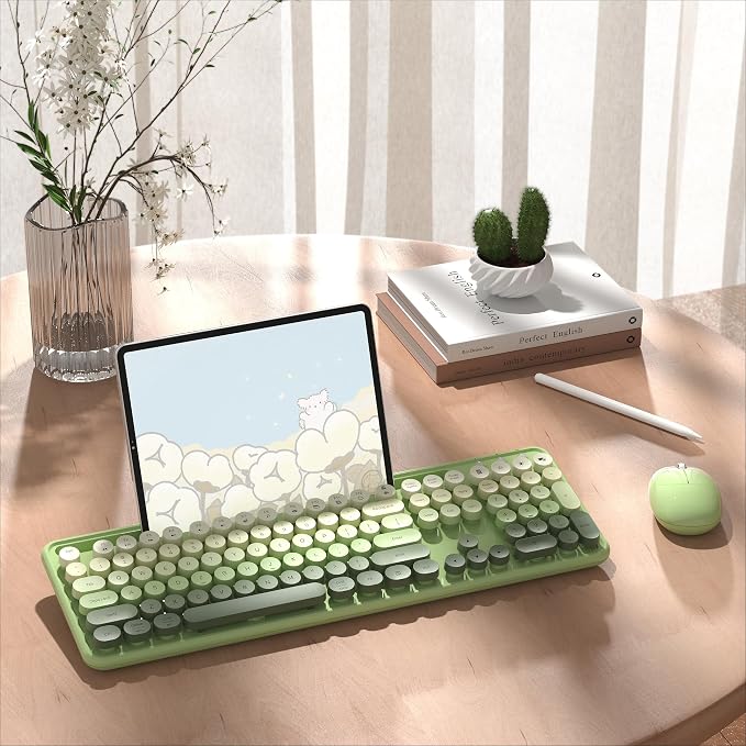 MPTOG Colorful Wireless Computer Keyboard and Mouse Combo with Phone Holder, Wrist Rest, Typewriter Keys, 2.4GHz Wireless, Full-Sized Optical Mouse for PC and Laptop(Green Colorful)