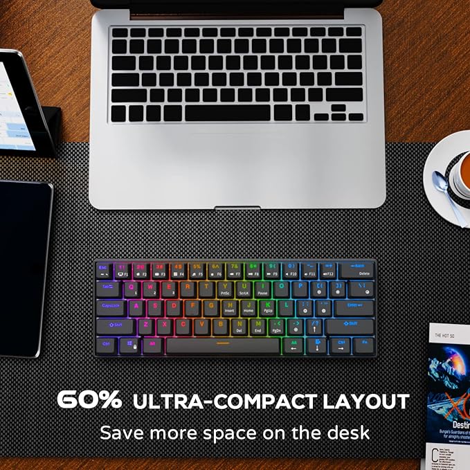 RK ROYAL KLUDGE RK61 60% Mechanical Gaming Keyboard with Coiled Cable, 2.4Ghz/Bluetooth/Wired, Wireless Bluetooth Mini Keyboard 61 Keys, RGB Hot-Swappable Red Switch, Ergonomic Design - Black
