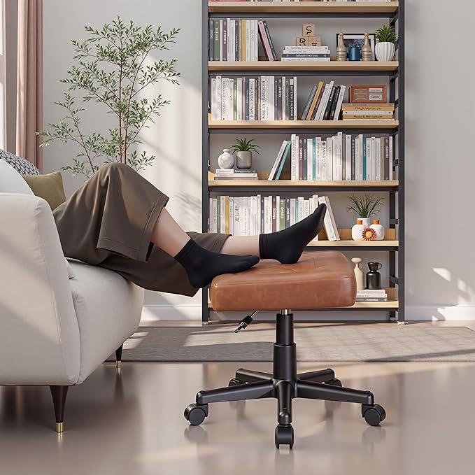 VECELO Under Desk Footrest, PU Ergonomic Foot Rest with Wheels, Comfort Padding, Height Adjustable for Relieving Leg Pain, Stiffness, and etc, Brown