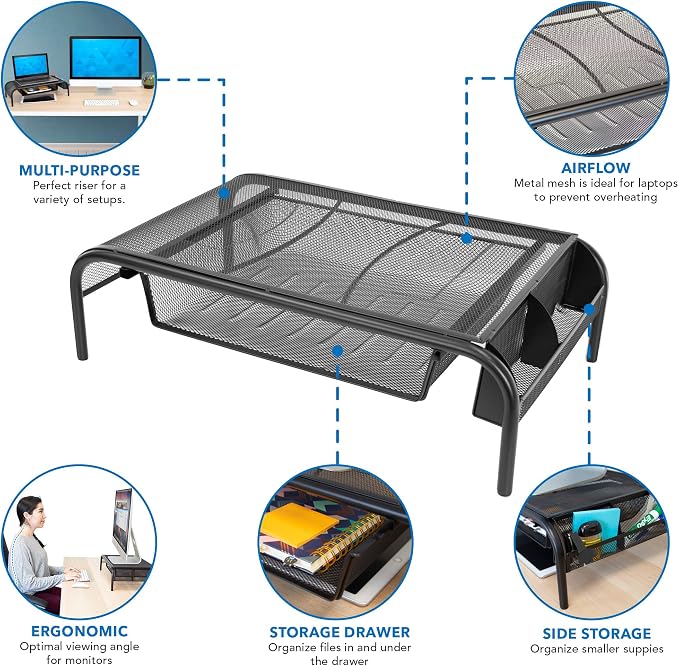 Mount-It! Metal Mesh Monitor Stand with Drawer, Ergonomic Desk Organizer and Riser for Monitors and Laptops, Desktop Stand with Extra Storage and Side Pocket, Black