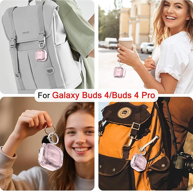 CameCosy Transparent case Compatible for Samsung Galaxy Buds 4/Buds 4 Pro 2026 with Lock Buckle & Phone Stand Function, TPU Shockproof Anti-Scratch Cover with Carabiner for Women Men, Clear Pink