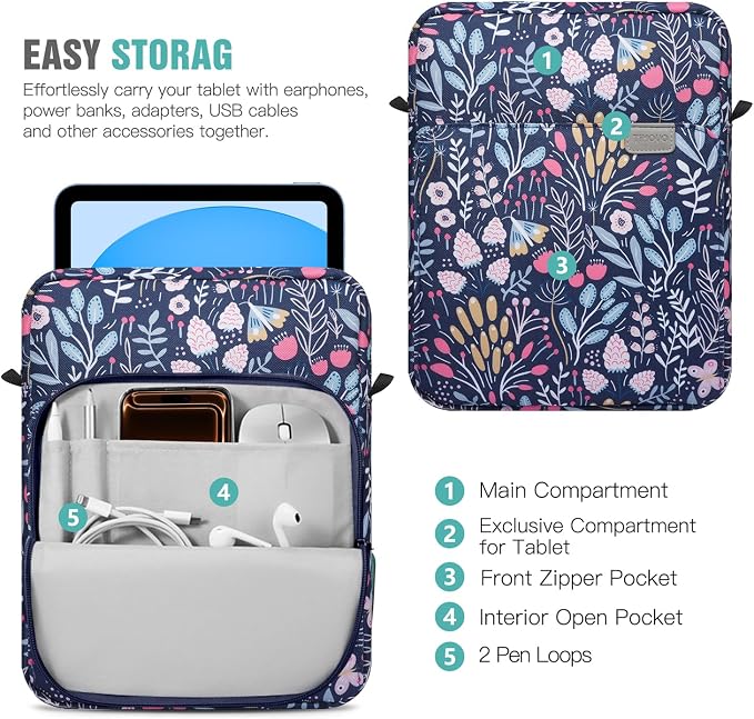 TiMOVO 9-11 Inch Tablet Sleeve Bag with Shoulder Strap for iPad 11-inch A16 2025, iPad 10th Gen. 10.9"/10.2", Galaxy Tab A9+/A11Plus 11", Colorful Flower