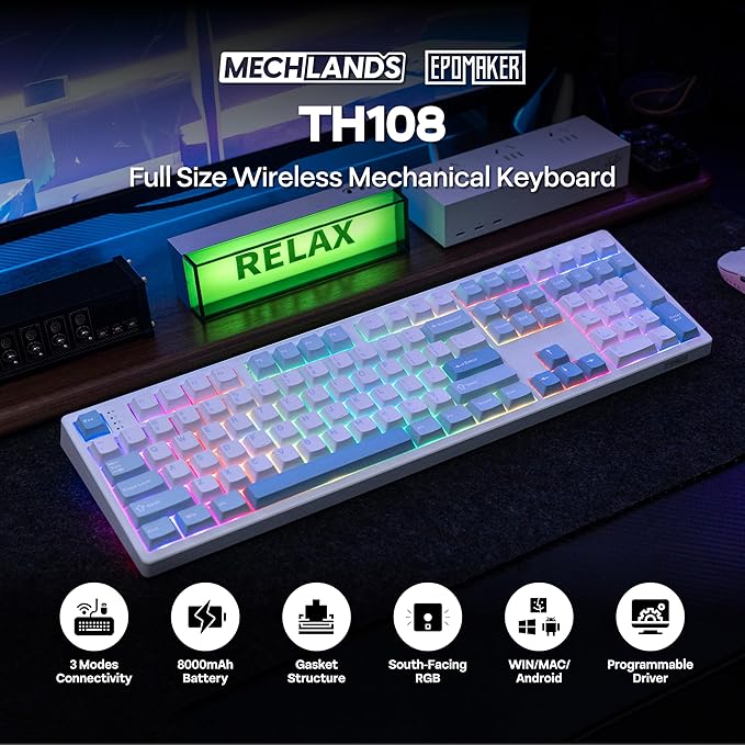 MechLands EPOMAKER TH108 Full Size Mechanical Keyboard, Wireless Gaming Keyboard, 8000mAh Battery, Creamy Gasket, 108 Keys, Hot Swap, Custom Driver, RGB Backlights (Blue&White, Sea Salt Silent Switch)