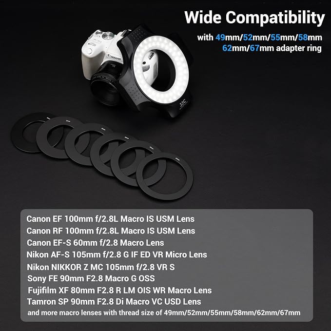 JJC Macro Ring Light for DSLR Macro Lens Canon EF 100mm f2.8L/RF 100mm f2.8L/EF-S 60mm f2.8/Nikon AF Micro 60mm f2.8D/AF-S DX Micro 40mm f2.8G/Z MC 50mm f2.8 with 49/52/55/58 62/67mm Adapter Rings