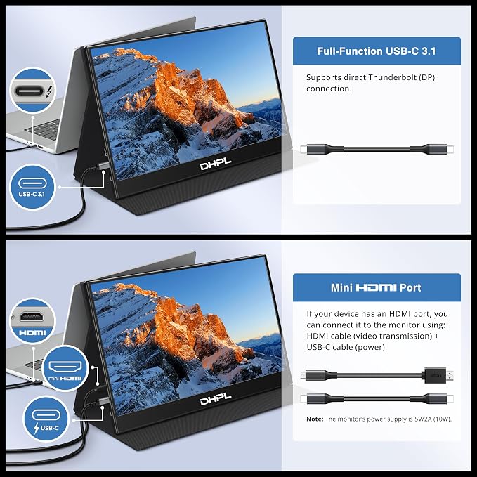 Portable Monitor, 15.6-inch FHD 1080P 60Hz IPS Screen, Laptop Screen Extension, USB-C/HDMI Ports, VESA Mount Support, Compatible with Laptops/PCs/MacBook/Switch/PS4/5/Xbox
