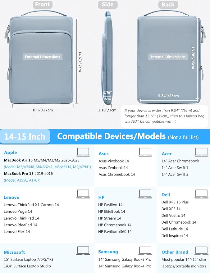 HYZUO 14-15 Inch Laptop Bag Sleeve for MacBook Air 15 M5 A3448 M4 M3 M2 2026-2023, MacBook Pro 15, XPS 14/15 Plus, 15" Surface Laptop, Notebook Case for 14" Dell HP Lenovo Asus Acer, Pale Blue