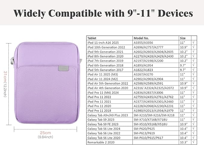 TiMOVO 9-11 Inch Tablet Sleeve Bag with Shoulder Strap for iPad 11-inch A16 2025, iPad 10th Gen. 10.9"/10.2", Galaxy Tab A9+/A11Plus 11", Purple