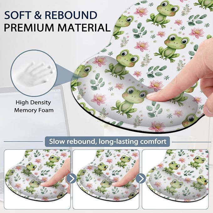 Cute Frog Wrist Rest Mouse Pad and Keyboard Support Set,Lotus Flower 3 in 1 Ergonomic Memory Foam Mousepad with Non Slip Base, Gaming Mouse Pad for Office and Home