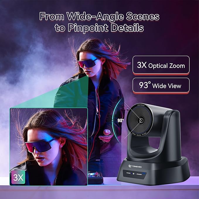 TONGVEO PTZ Camera 4K UHD AI Auto Tracking 3X Optical Zoom HDMI/USB3.0 Video Conference Camera for Church Worship Live Streaming Meeting Online Learn with Zoom YouTube OBS and More