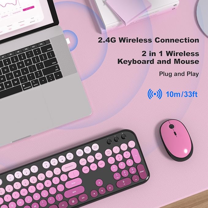 MOFII Wireless Keyboard and Mouse Combo, 2.4GHz Retro Typewriter Keyboard Full Size, Quiet Click Mouse, USB Receiver Plug and Play, for PC, Laptop, Desktop, Windows (Black Pink Gradient)