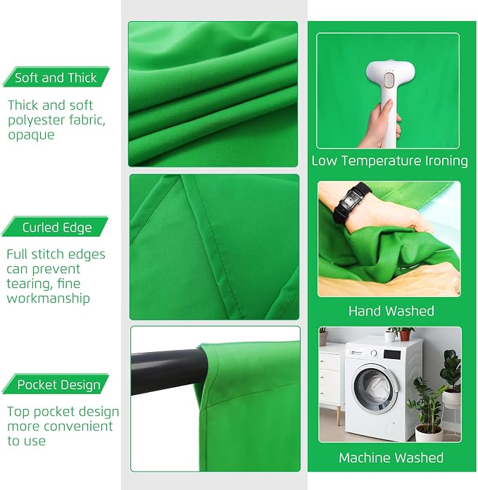 2-in-1 Green Backdrop Stand Kit - 6x9 ft Green Backdrop with 6.5x6.5ft Portable Photography Stand for Video Streaming,Zoom Meetings,Parties,Anti-Wrinkle Polyester Fabric