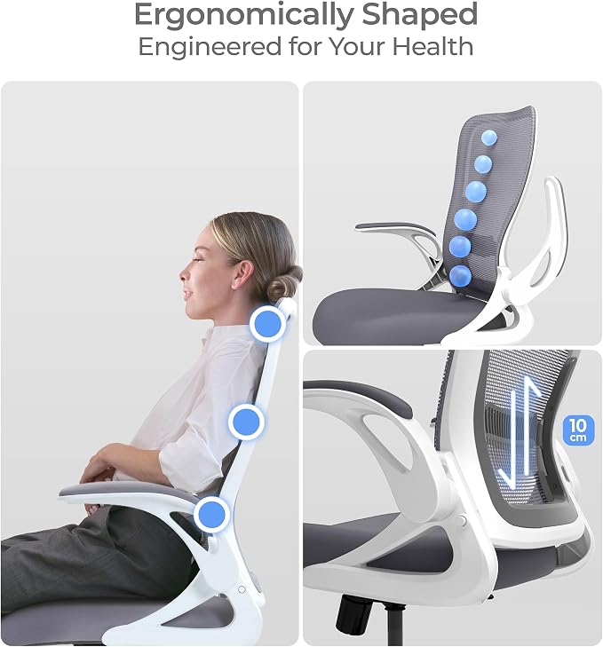 Tervo Model U | Folding Office Chair for Small Spaces | Gaming Chair for Adults & Kids | Ergonomic Mesh Computer Chair for Bedroom | Foldable Desk Chair for Home Work (White & Grey)