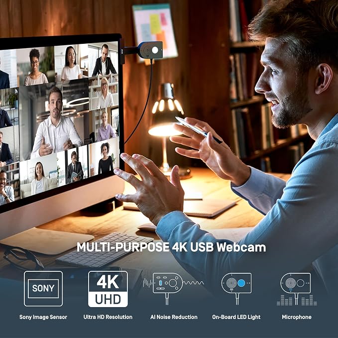 IPEVO MP-8M Multi-Purpose 4K USB 1080P Webcam, Microphone with AI Noise Reduction, Flexible mounting Options, for Video Calls, Gaming, Streaming, Conferencing, Hybrid Work, Streaming, Vlogging