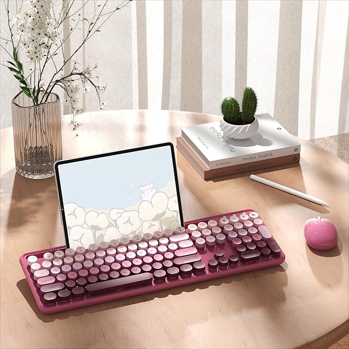 MPTOG Colorful Wireless Computer Keyboard and Mouse Combo with Phone Holder, Wrist Rest, Typewriter Keys, 2.4GHz Wireless, Full-Sized Optical Mouse for PC and Laptop(Rose-Red Colorful)