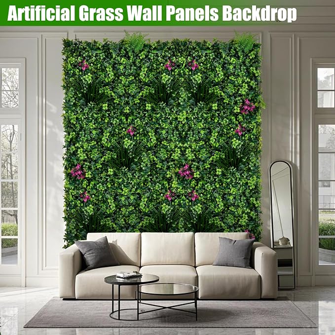 Artificial Grass Wall Panels, 20"x20" 12pcs Greenery Backdrop with Mint Plant Leaves, UV-Anti Fake Greenery Plant Boxwood Panels for Privacy Fence Screen, Outdoor Green Wall Decor for Patio Garden