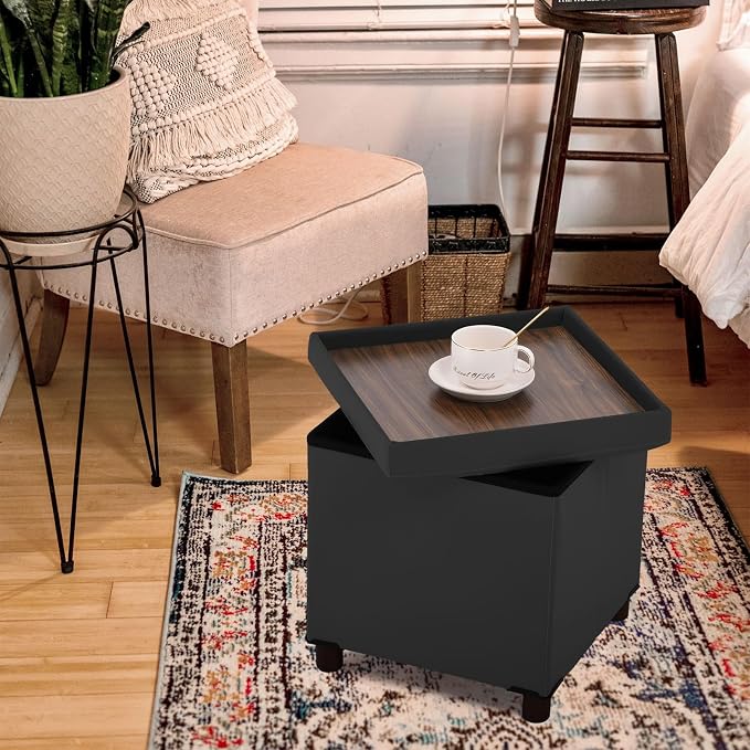 Dorriss Storage Ottoman for Living Room，Square Ottoman with Tray Bedroom Cube Foot Rest Stool with Legs Ottomans Coffee Table Lid Foldable Footstool Faxu Leather 15" Inch(Black)