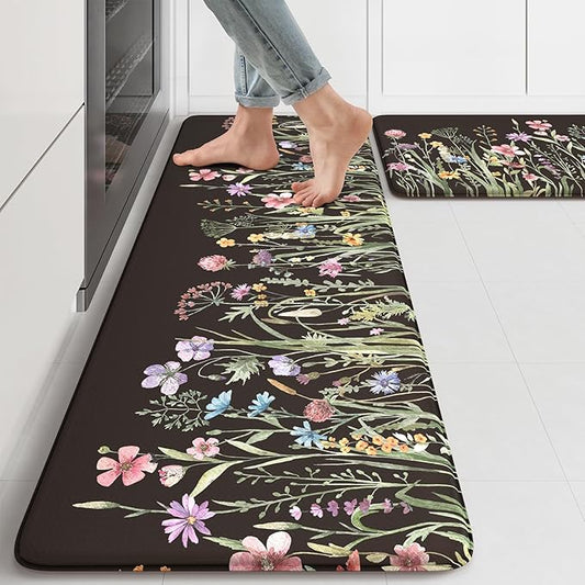 KIMODE Anti Fatigue Mats for Kitchen Floor 17"x47"+17"x29", Farmhouse Floral Kitchen Rugs Sets of 2, Cushioned Kitchen Floor Mats, Non Slip Standing Mat for Sink, Laundry, Office, Desk Black