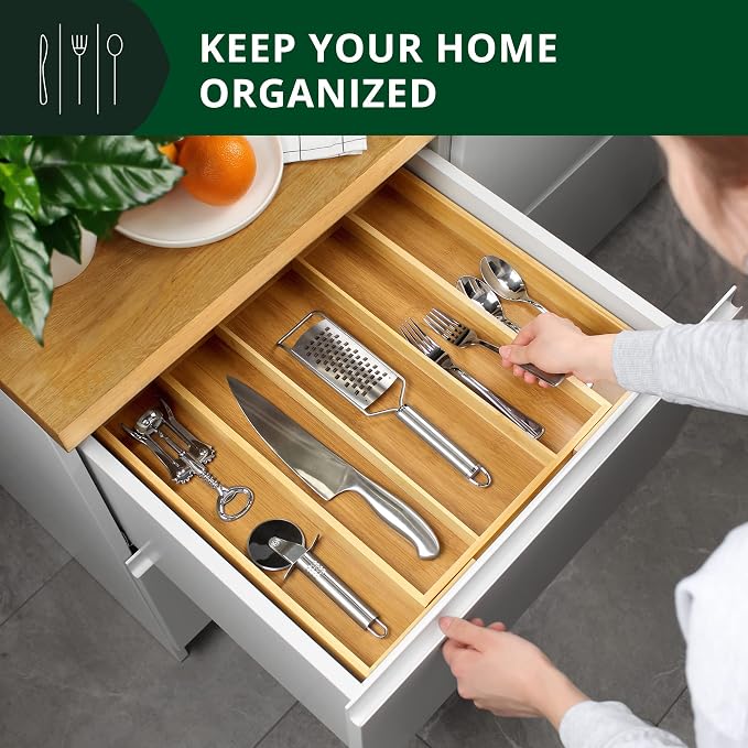 Luxury Bamboo Kitchen Drawer Organizer - Silverware Organizer - Utensil Holder and Cutlery Tray with Grooved Drawer Dividers for Flatware and Kitchen Utensils (5 Slot, Natural)