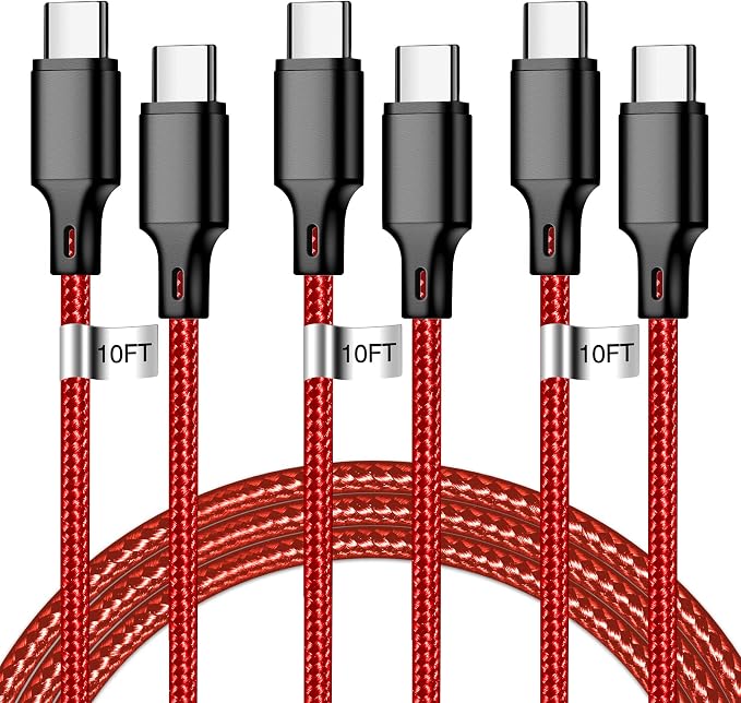 USB C to USB C Charger Cable, 3Pack 10FT Type C Fast Charging Cord Compatible for iPhone 15/16/17/Pro/Max/Plus, iPad Pro Air Ps5 Controller Samsung Galaxy - Red
