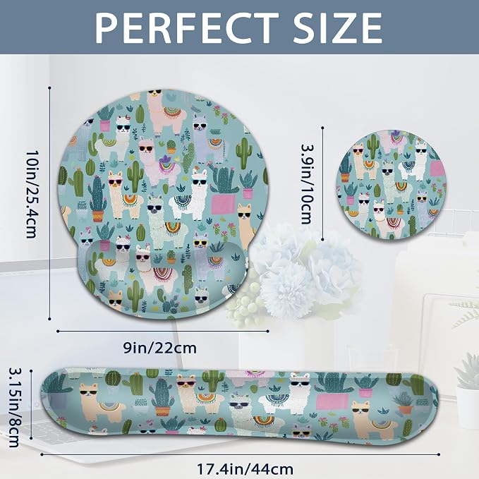 Cute Alpacas Ergonomic Keyboard and Mouse Wrist Rest Set, Cacti Mouse Pad with Non Slip Base, Soft Cloth Surface for Office and Home Typing Support
