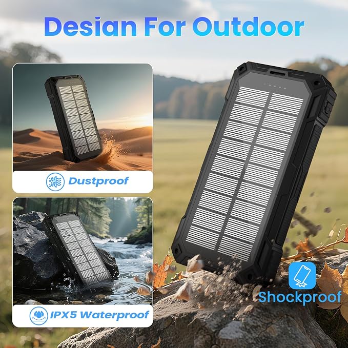 Solar Power Bank 49800mAh - Wireless Portable Charger 15W Fast Charging with 4 Built-in Cables. Equipped with a Powerful Flashlight, IP65 Outdoor Waterproof Power Bank Perfect for Camping, Hiking