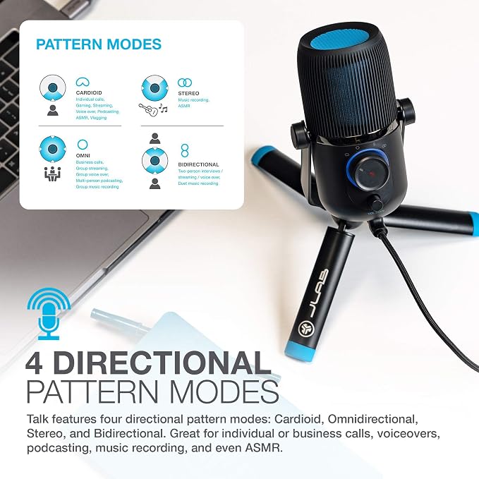 JLab Talk USB Microphone, USB-C Output, Cardioid, Omnidirectional, Stereo or Bidirectional, 96k Sample Rate, 20Hz, 20kHz Frequency Response, Volume, Gain Control, Quick Mute, Plug & Play
