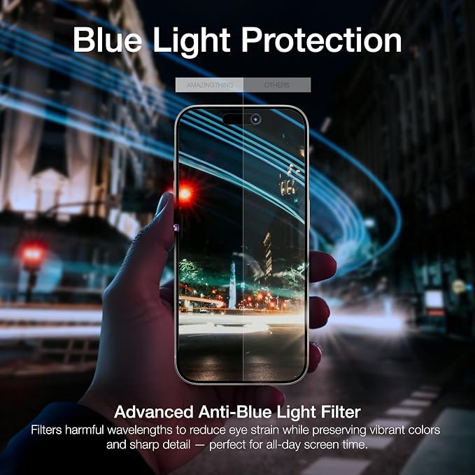 AMAZINGthing for iPhone 17 [Titan Filter 7 - Full Glass] Screen Protector, 9H Tempered Glass, Full Coverage, Case‑Friendly, Oleophobic, Alignement Frame, 2 Pack (Blue Light, iPhone 16e/17e)