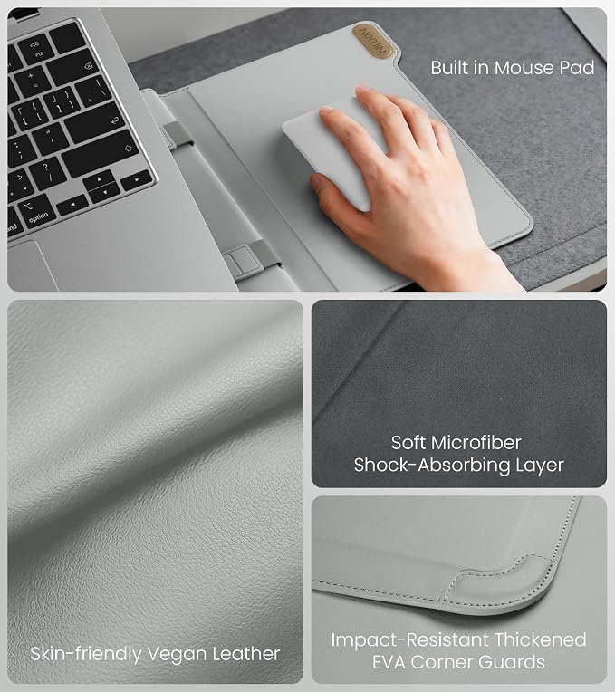 Nillkin 16 inch Laptop Sleeve with Handle (4-in-1), 2 Stand Modes, MacBook Sleeve with Adjustable Stand & Mouse Pad, Slim Laptop Case 16 inch for Samsung/Surface/HP/Chromebook/Dell 13-16'', Gray