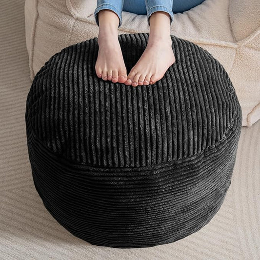 HIGOGOGO Round Stuffed Pouf Ottoman, Corduroy Poufs with Foam Chunk Filling, Furry and Fluffy Pouf Foot Stool Storage Ottoman, 26 X 18 Floor Poufs Foot Rest for Living Room, Black