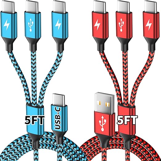 USBC Charger Cable, USB A/C to USB C Multi Charging Cable, Charger Cord Type C [2Pack 5Ft], 3 in 1 Multi Charger Cord, USB C Cable with 3 Type-C Connectors for iPhone 17/16/15, Galaxy S24/23, iPad