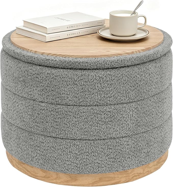 B FSOBEIIALEO Round Storage Ottoman with Tray, Folding Ottoman with Storage Coffee Table Foot Rest for Dorm Room Living Room Chenille Fabric,Grey,22.83"x22.83"x17.35"