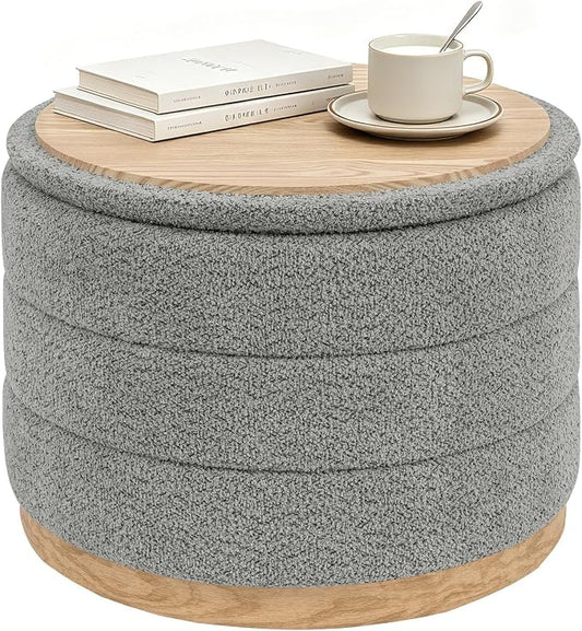 B FSOBEIIALEO Round Storage Ottoman with Tray, Folding Ottoman with Storage Coffee Table Foot Rest for Dorm Room Living Room Chenille Fabric,Grey,22.83"x22.83"x17.35"