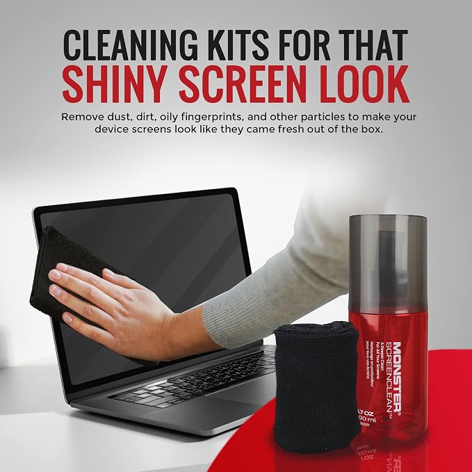 Monster Screen Cleaner Kit, 6.7 oz (200 mL), Microfiber Cloth, White/Black/Red, for HDTVs, Tablets, Laptops, Smartphones, Eyeglasses