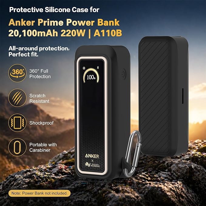 Silicone Case for Anker Prime Power Bank 20100mAh 220W Travel Protective Cover, Full-Body Shockproof | Compact | Tactile Grip | Impact Protect for Anker Power Bank 220W with Keychain (Black White)
